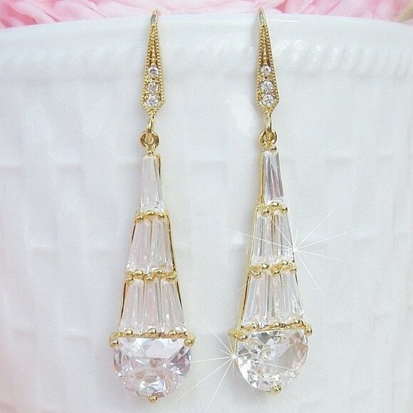 Glamorous Cubic Zirconia Diamond Drop Earrings Gold - Picture 5 of 10